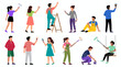 © Zahra - diverse group of professional painters and interior decorators working with brushes and rollers, concept for renovation project, home improvement service and creative construction design