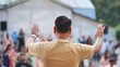 © Довидович Михаил - People celebrating Ganesh Chaturthi festival, man raising hands in worship