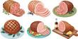 © IVY QUEEN - Roasted ham and sliced pork meat set. Baked holiday ham, deli ham slices and glazed pork roast. Butcher meat dishes vector illustration.
