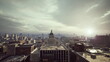 © icetray - Dramatic dawn over historic city skyline, panoramic aerial view of classical capitol dome and dense rooftops, low sun breaking through moody clouds, muted color