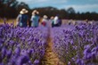 © Muhammad - People in straw hats walking through a vibrant purple lavender field under a blue sky.