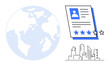 © robu_s - Earth globe, professional profile with star ratings, urban buildings. Ideal for recruitment, career growth, global connection, urbanization, talent evaluation, networking simple flat metaphor