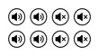 © Digishopppp - A set of eight circular icons depicting varying sound volume levels from maximum to muted in a black and white style high quality professional detailed modern