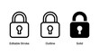 © Digishopppp - This image displays three variations of a padlock icon an editable stroke an outline and a solid black version high quality professional detailed modern elegant stylish