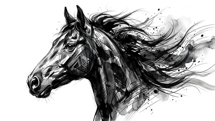 Naklejka na meble Expressive ink wash portrait of a horse head with artistic black splatters and fluid brush strokes