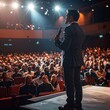 © Christhoper - Speaker on stage addressing a large audience in a dimly lit auditorium with bright spotlights.