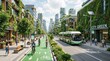 © ffdsgn - A vibrant, modern green city street featuring buildings with vertical gardens, a dedicated bike lane, a public electric bus, and pedestrians enjoying a sunny day.