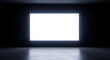 © THIBNH - Frontal perspective of a luminous blank white rectangular digital display standing in a dark minimalist hall interior featuring polished concrete flooring and moody black aesthetic atmosphere