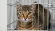 © CrazyJuke - Imprisoned Paws: A striking feline, with piercing eyes, rests calmly within a cage. This image captures the quiet resilience of a creature confined, its gaze hinting at unseen depths.