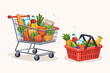 © MD Rohidul Islam - Supermarket shopping cart and red basket filled with fresh groceries, healthy vegetables, fruits, bread, milk, and juice, simple flat vector illustration for retail and consumerism concepts.