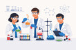 © MD Rohidul Islam - Team of professional scientists conducting chemical research and experiments in a modern laboratory with beakers, test tubes, and equipment. Flat vector illustration for science and education.