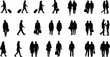 © Sahariya - People walking silhouettes collection men women pedestrians travelers with luggage bags suitcase urban crowd vector set isolated illustration