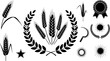 © yassmien - Set of black wheat ears and laurel wreath vector icons, agricultural crop design elements, award symbols, retro vintage emblem collection illustration, isolated