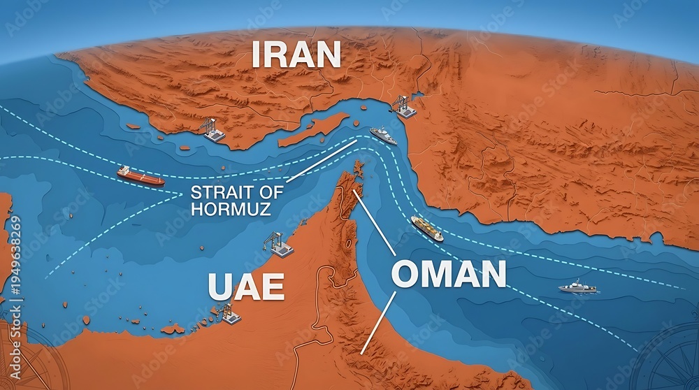 Geopolitical Map of the Strait of Hormuz with Cargo Ships and Trade ...