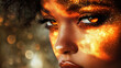 © Gabriela - Golden light spills across a woman's face. Her eyes glow softly with warmth and mystery. Curly hair frames her features in radiant bokeh. The glow suggests magic or celebration