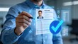 © MediaStockPro - HR manager reviewing digital resume profile on virtual screen with approval check mark,recruitment technology concept for candidate evaluation,talent acquisition and online hiring process