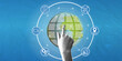 © Наталья Косаревич - A person touching a digital globe with business icons. Trendy halftone collage. Concept of international logistics, global supply chain, and worldwide communication. Innovative technology for business