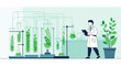 © Saeed - Scientist in lab coat examines plants in test tubes and a potted plant in a laboratory setting with clipboard