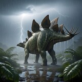 Stegosaurus dinosaur in stormy prehistoric landscape.