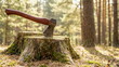 © CK Studio - An axe rests in a mossy tree stump in a sunlit forest, symbolizing deforestation, environmental impact, and resource depletion.