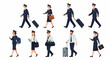 © Maya - Flat Vector Illustration Set of Diverse Airline Pilots in Uniform Walking with Various Luggage and Flight Bags Isolated on White Background