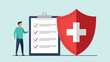 © Callen - Man standing next to a giant health insurance checklist and a red medical shield symbolizing wellness protection.