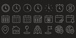 © Daishin - Time, date and address line icons set. calendar, clock, gps point, flag point, globe point Containing hourglass, pin, stopwatch. Editable stroke for mobile and web. Isolated on white background
