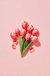 © Boris - Spring Tulip Bouquet on Pink Background with Copy Space, Top View Vertical Floral Composition for International Womens Day Social Media Post and Greeting Card Design