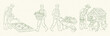 © Irina Khovanskaya - Line art vector set of farm life scenes with farmer pushing a wheelbarrow of vegetables, collecting eggs by a chicken coop, watering garden beds, and carrying a basket of vegetables. Minimal monochrom
