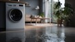 © timitinej - Water is leaking from a washing machine onto the floor in a modern apartment, creating a flooding issue. The interior is bright, with furniture and plants visible