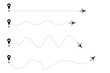 © Fou'adi - Set of 4 black airplane travel route icons with dotted lines and map pins, illustrating flight paths and journey tracking vector