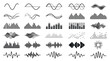 © Dharma - Collection of various sound waves and audio equalizer icons in black and white style isolated on white background, symbolizing digital audio processing and professional music production