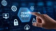 © TechNova Graphics - Cybersecurity concept with hand pointing to zero trust symbol on digital screen