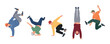 © Khmel - Set of diverse young men breakdancing in modern streetwear, a collection of male characters performing energetic hip-hop moves like handstands and freezes in a flat vector style