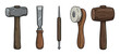 © Khmel - Hand-drawn set of vintage workshop tools featuring a sledgehammer, chisel, awl, buffing brush, and wooden mallet in a classic cartoon illustration style for craftsmanship themes