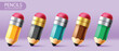 © Zeinous - Colorful 3d Pencil clipart set. 3d Pencil multicolored clip art for school and office writing art materials educational tool graphic design collection with sharp, glossy and wooden drawing object