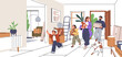 © Good Studio - Moving into new house. Happy family entering home interior. Parents and kids with boxes, plant and dog pet. Mother, father and children in relocation to apartment. Flat vector illustration