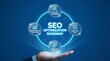 © DELICON STUDIO - A hand presents a glowing SEO optimization roadmap with key components of keyword planning content creation backlink strategy and performance tracking.