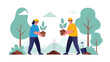 © MS - Environmentally conscious couple works together to plant young trees in a forest area to promote reforestation and fight against global climate change.