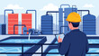 © MS - Dedicated engineer in a yellow hard hat monitors water treatment tanks and industrial pipes to ensure clean water supply for the local city community.