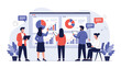© MS - Diverse team of business analysts examining complex data charts and financial graphs on a large digital screen to develop a company growth strategy.