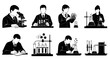 © Imsuniyah - Scientists in Lab with Microscope, Test Tubes, Beakers - BW Vector Art