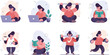 © Kelelawar - Person engaged in various activities like working on laptop, exercising, reading, and drinking coffee