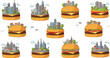 © MDSaiful - Creative hamburger city concept with urban skyline buildings on burger buns, imaginative fast food architecture illustration set combining cityscape and food vector design