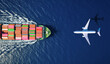 © moofushi - Aerial overhead view of a large container ship and airplane traveling over the ocean as a concept for transport and cargo