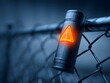© pjjaruwan - Warning light on metal post close up glowing orange triangle alert on chain link fence at night