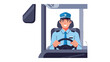 © Abu - Smiling Bus Operator: A cheerful bus operator, dressed in uniform, confidently steers a large vehicle, representing dependable and safe public transport.