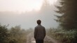 © CYBERPINK - Man standing on a dirt road in the middle of a foggy forest. he is facing away from the camera, with his back towards the viewer.