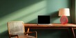 © Iryna - Wooden desk laptop chair lamp sunlight minimalist workspace interior green wall cozy home office setup with cane seat and ceramic lamp
