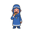 © Marina - Cartoon boy in blue traditional outfit eating food